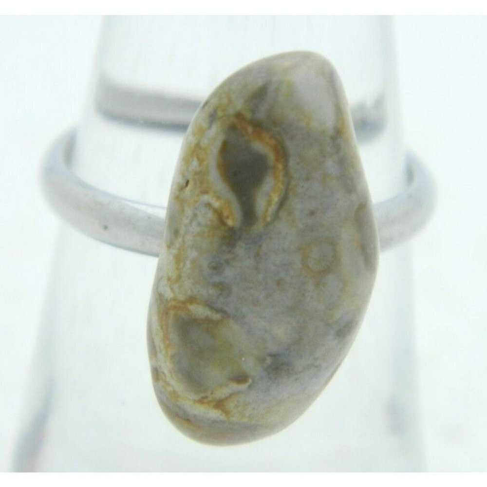 VTG Silver Tone Tan Beige Polished Stone Ring Size 6.25